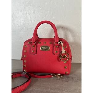 Michael Kors Saffiano Leather XS Gold Studded Satchel Crossbody Mandarin Coral